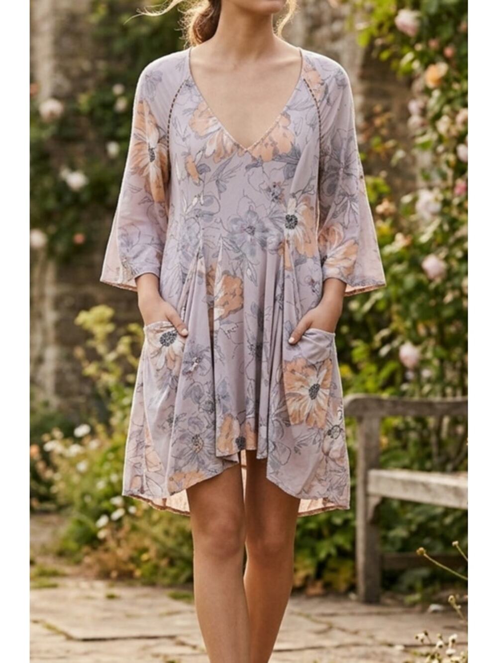 Free People Eyes On You Floral Mini Dress Lavender Stone Combo Size 4 EUC